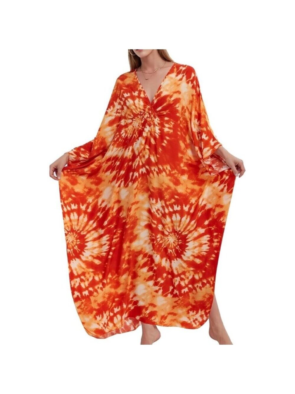 Women Orange Tie Dye V-neck Batwing Sleeve Flowy Split Hem Bohemian Kaftan Dress